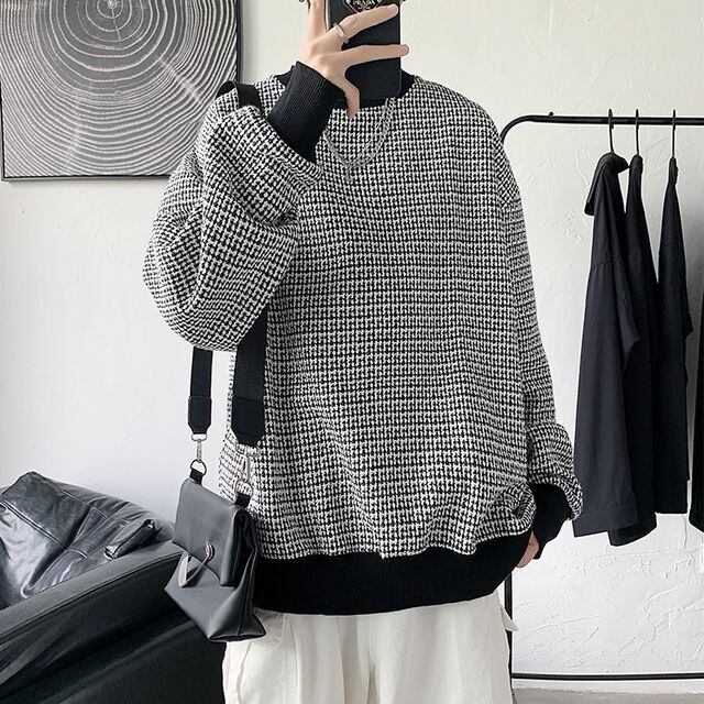 【予約販売】ニット セーター メンズ モノトーン チェック柄 丸首 Uネック リブ袖 ブラック ホワイト レトロ カジュアル シック 男前 こなれ感 お洒落 韓国 トレンド 秋 冬 M/L/XL/2XL
