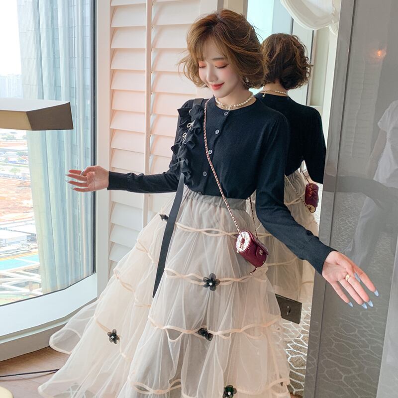 ニットカーディガンメッシュスカート セット リボン MIUCO74322455085