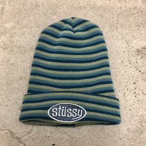 90s OLD STUSSY/Logo embroidery Long Beanie/Free/刺繍ロゴ/ロングビーニー/ニット帽/ボーダー/ブルー/ネイビー/カーキ/ステューシー/オールドステューシー