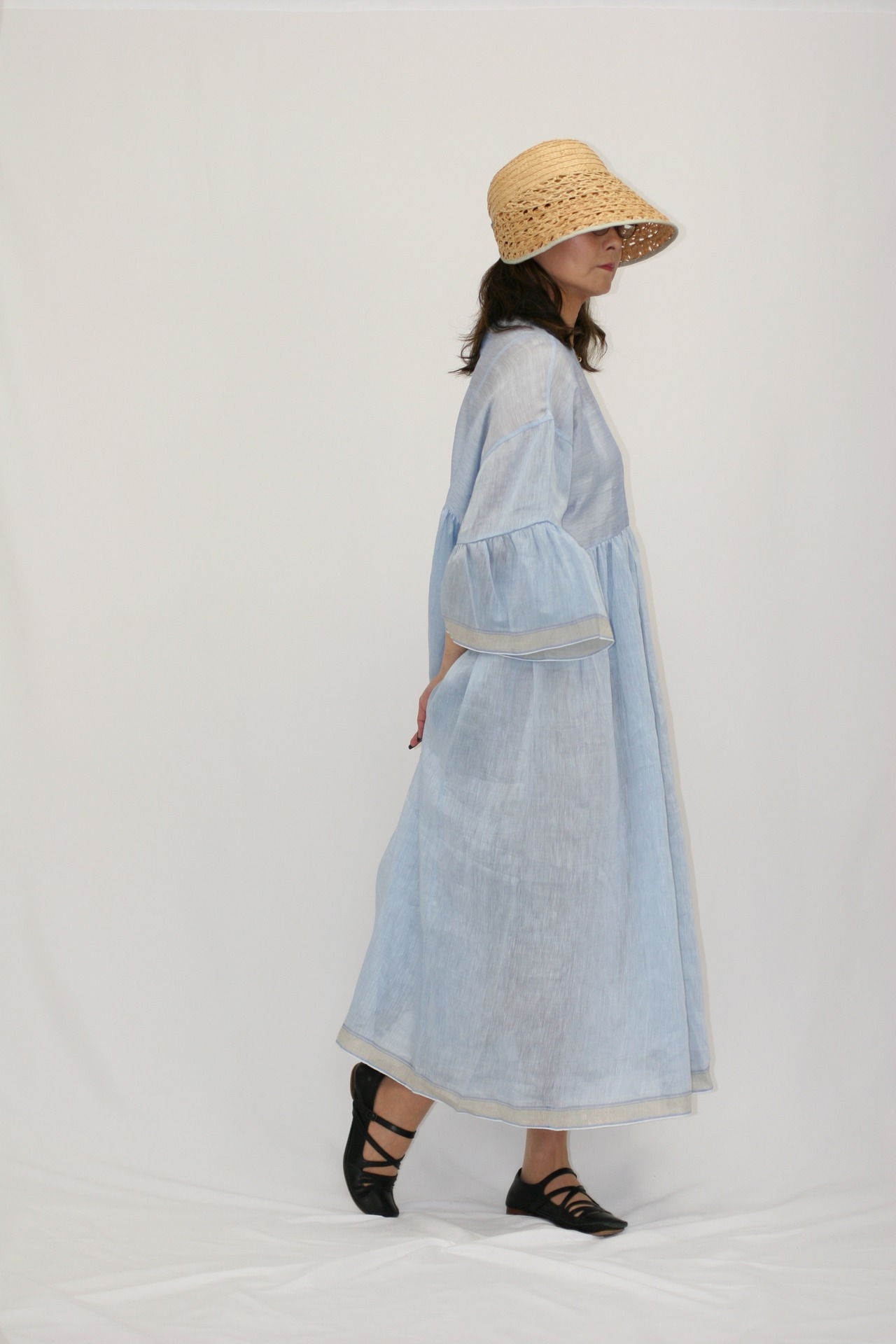 BUNON(ブノン) Wide Sleeve Frill Dress リネンシルク ワイドスリーブワンピース B BLUE