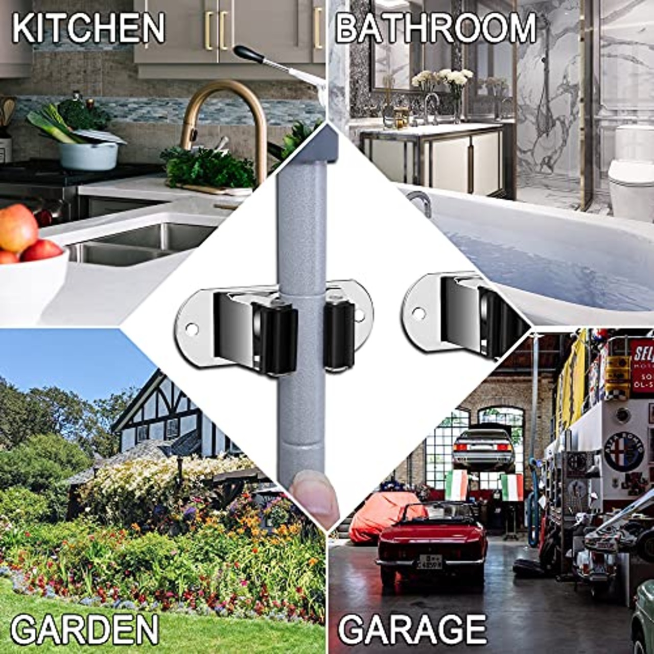 HYRIXDIRECT モップとほうきホルダー 壁マウント 高耐久 ステンレススチール 壁取り付けほうきオーガナイザー ランドリールーム ホーム ガーデン ガレージ 収納 整理ラック (シルバー)