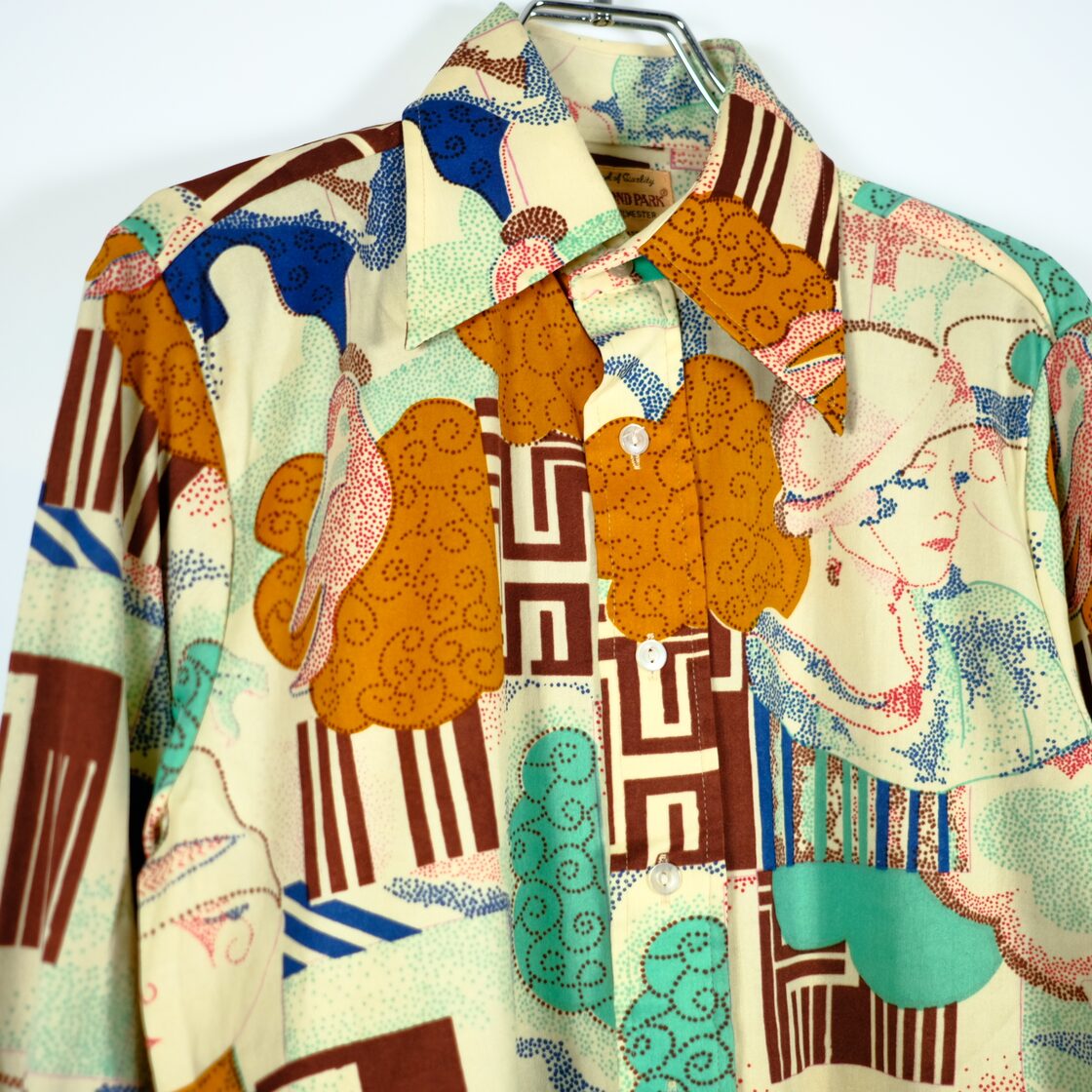 1970s ビンテージ 総柄デザイン アートポリシャツ 古着屋 人物画 