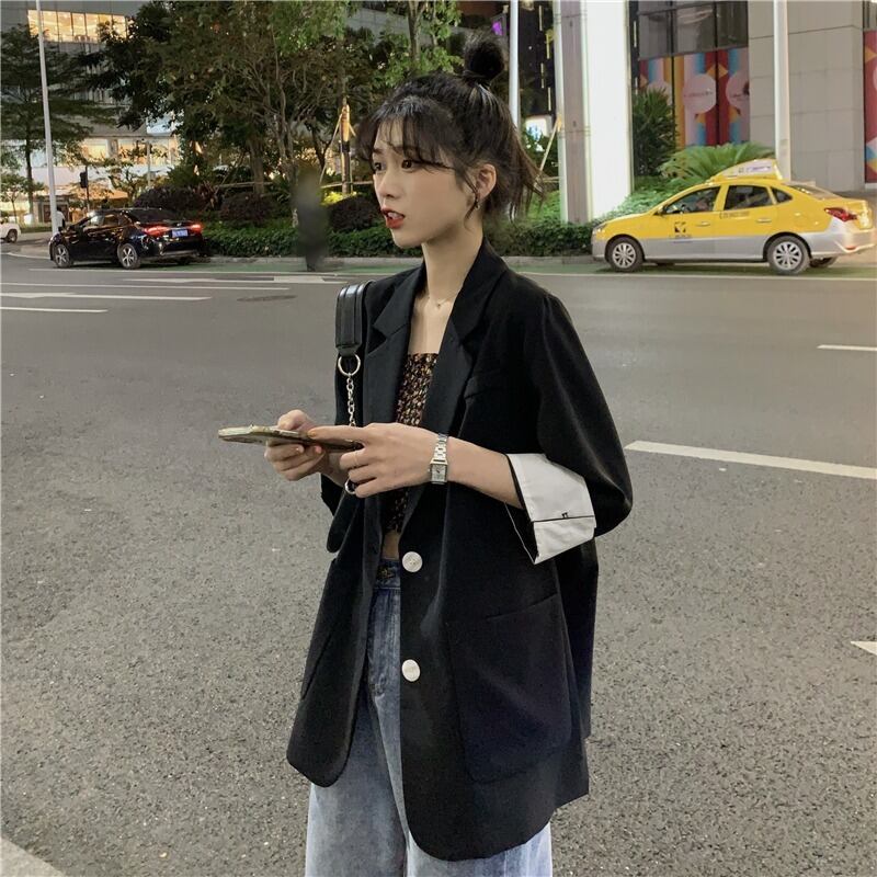 スプリングルーズブラックジャケット カジュアルトップス 春物 試着室73836606417