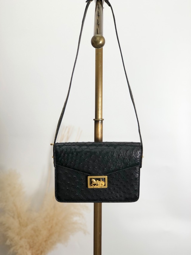 CELINE セリーヌ ショルダーバッグ ブラック 馬車 ホースキャリッジ オーストリッチ  vintage ヴィンテージ オールド d66xv8
