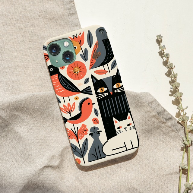 受注生産 iPhoneケース 鳥と猫風モチーフの民芸柄｜動物モチーフ PSYF072C