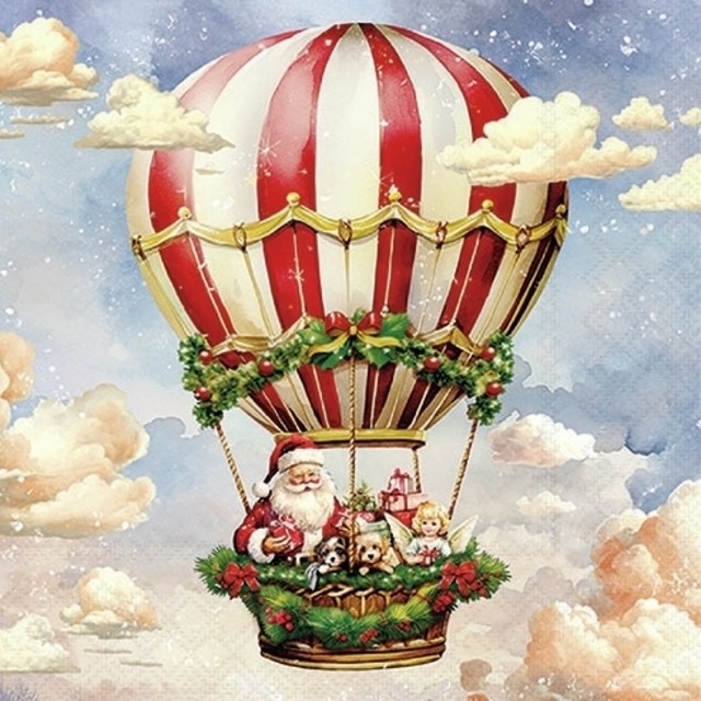 【Ambiente】バラ売り2枚 カクテルサイズ ペーパーナプキン Santas air balloon ブルー