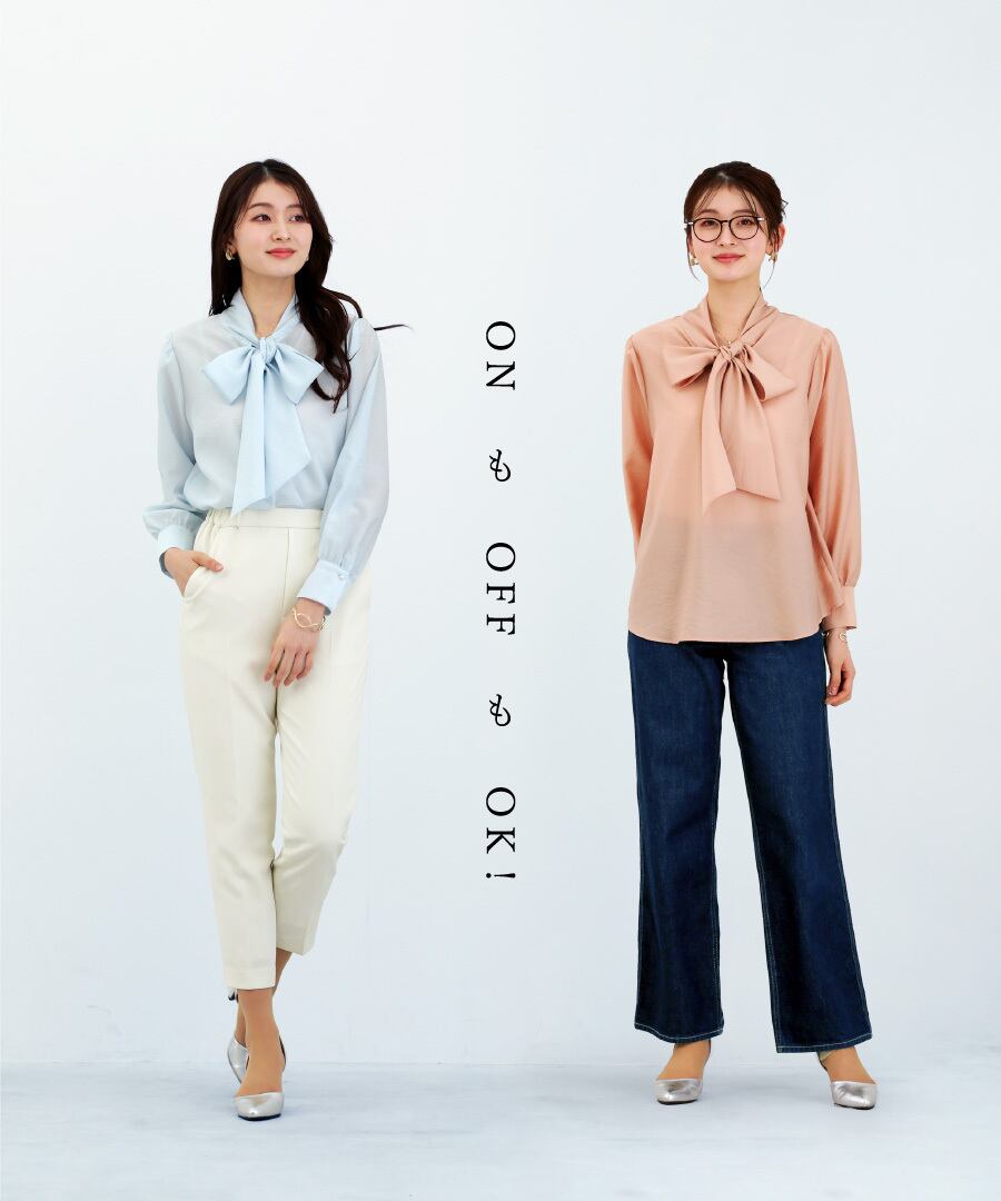 WHITE JOOLA 洗濯機で洗えるBIGボウタイブラウス＆美脚パンツ Emilyan - WHITE JOOLA 洗濯機で洗えるBIGボウタイブラウス＆美脚