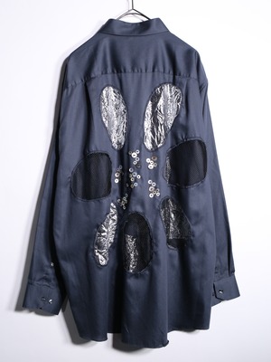 REMAKE / silver × mesh flower switching and many button design shirt