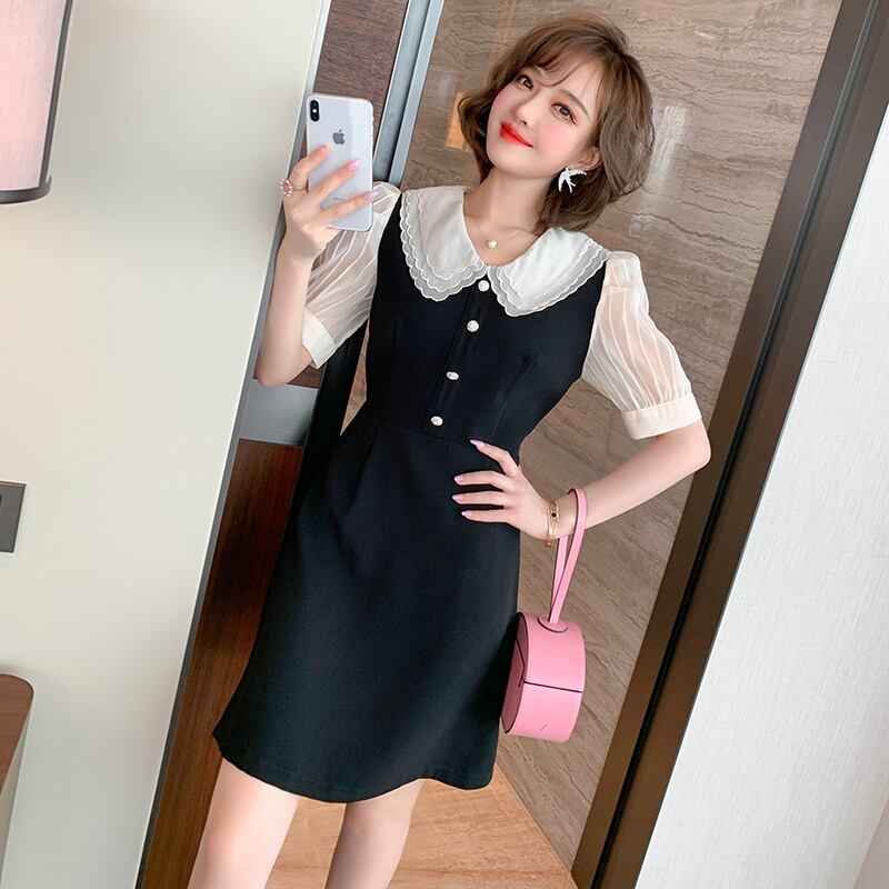 カラーレーススリーブウェストAラインドレス サマー レッド ランタンスリーブ 刺繍 夏物 マルチレイヤー MIUCO15335589129