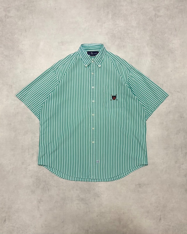 【VINTAGE】1990’s “Ralph Lauren” Green Stripe Short Sleeve Button Down Shirt