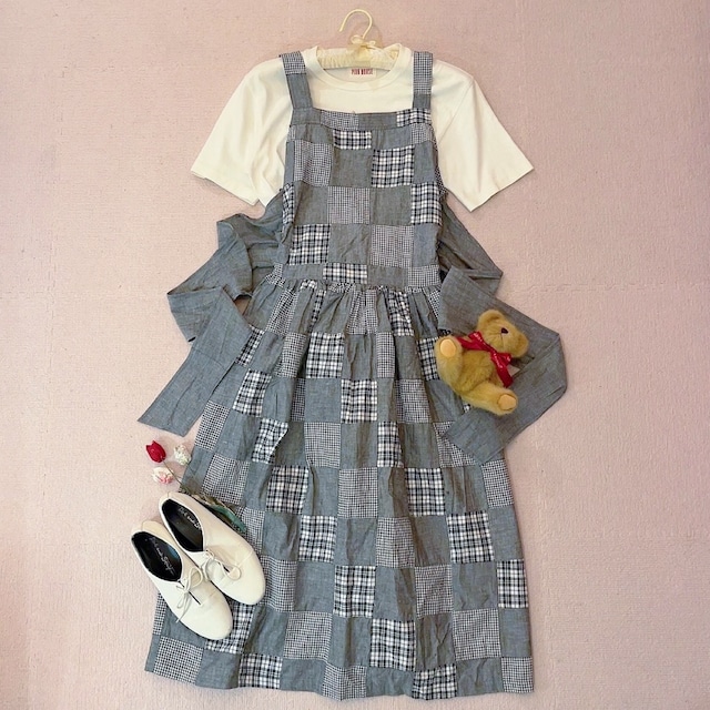 patchwork check apron one-piece