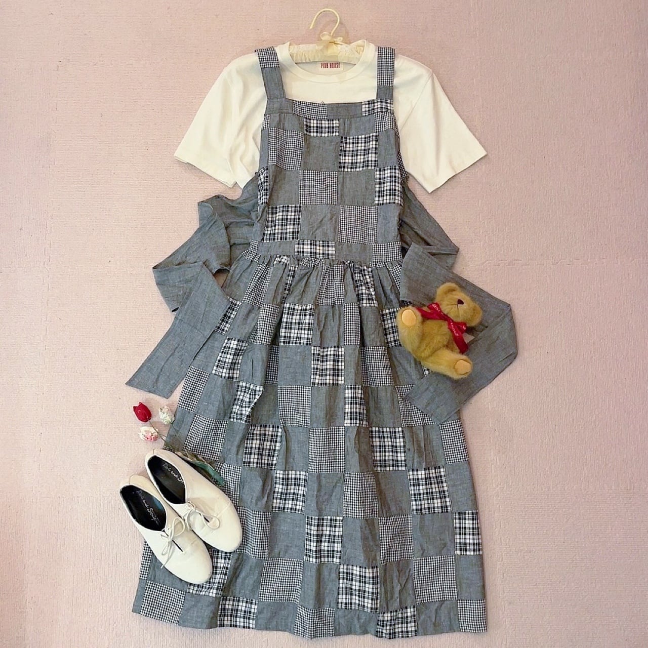 patchwork check apron one-piece