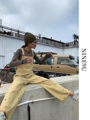 heart-paint wide-pants denim overall 2color【NINE7380】