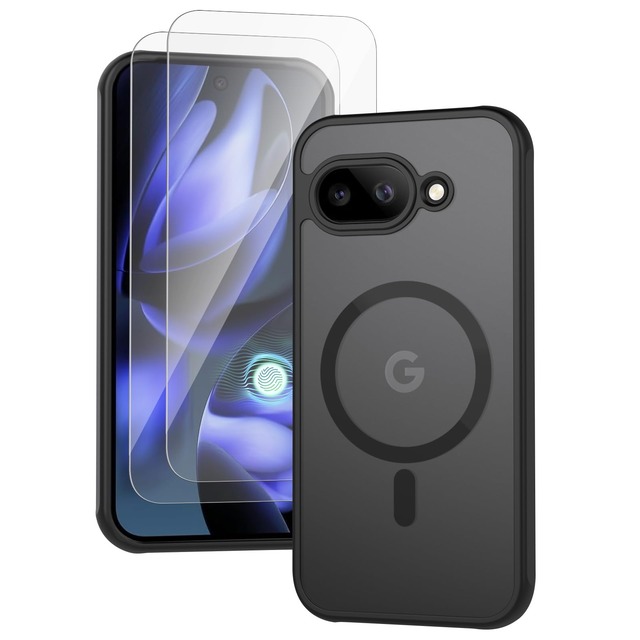 for Google Pixel 9a携帯ケース［MagSafe互換］に適用し、ガラスフイルム付き（2枚) ワイヤレス充電をサポートし、防水、ダンパー、ストラップ穴、指紋防止、整理しやすく、パープル