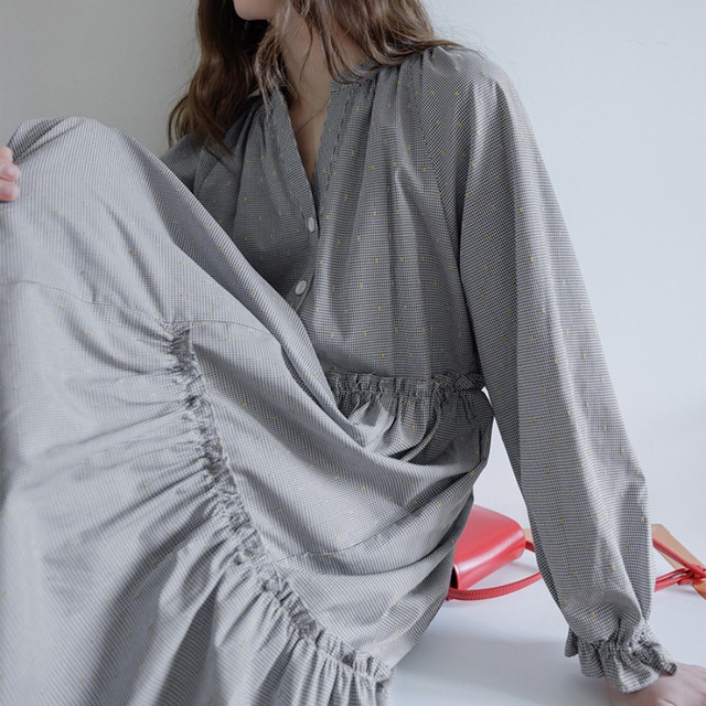 gingham check embroidered long shirt one-piece dress J00066