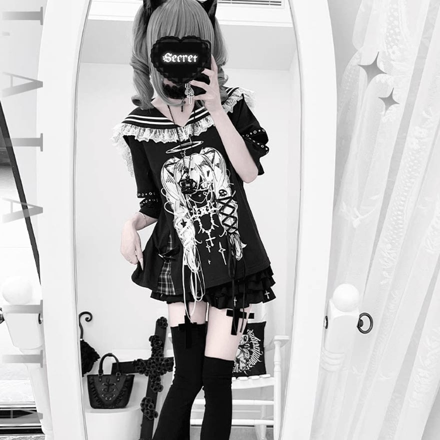 ゴスロリ地雷系 セーラー風Tシャツ アニメプリント 黒