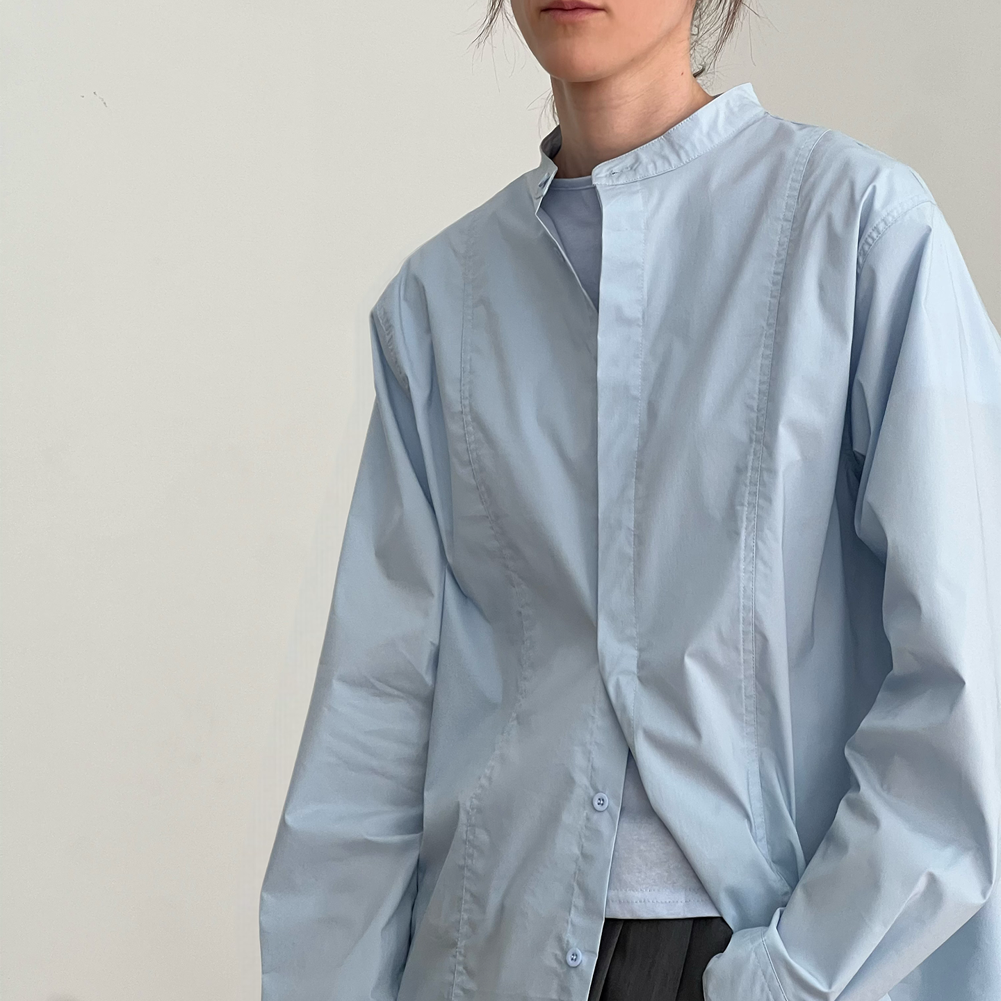 スタンドカラーコットンシャツ ボックスシルエット ロングスリーブ 2color MTO0341