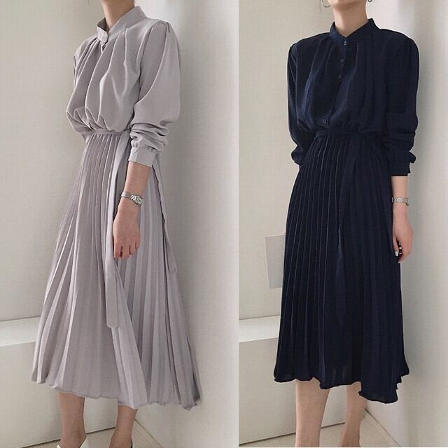 全3色 グレー/ブラック/ネイビー ワンピース スタンドカラー プリーツ 切り替え シンプル ミモレ丈 膝下丈 S/M/L