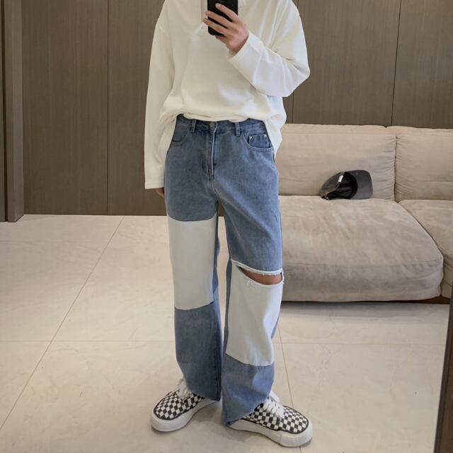 【予約販売】デニム ボトムス メンズ ダメージ加工 ストレート ジーパン ジーンズ ブルー パッチワーク カジュアル こなれ感 お洒落 韓国 トレンド 夏 秋 M/L/XL/2XL