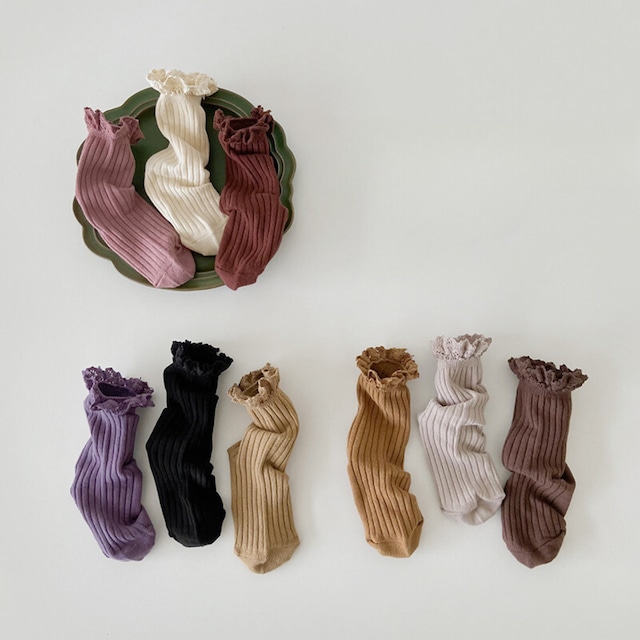 【即納】レースがかわいいくすみカラーのクルーソックス 3足セット