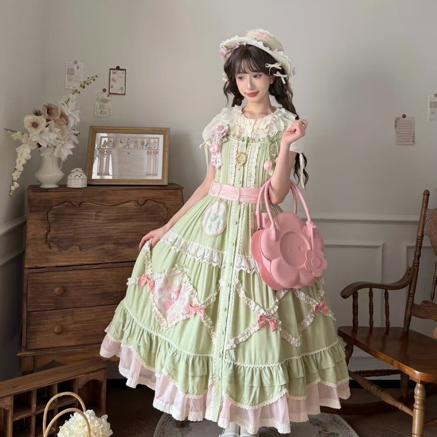ロリータファッション 甘ロリ グリーンフリルジャンパースカート
