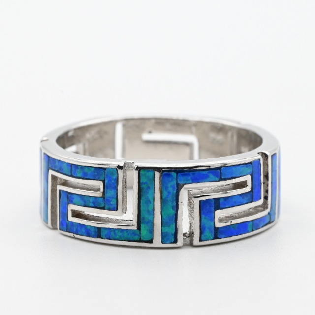 Blue Opal Inlay Greek Key Design Eternity Ring #16.5 / Denmark