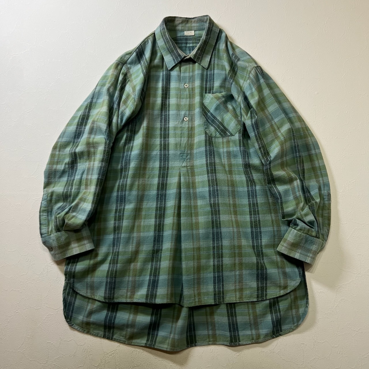 EURO フランネル ハーフボタン チェック グランパシャツ 長袖シャツ グリーン 45-46 古着