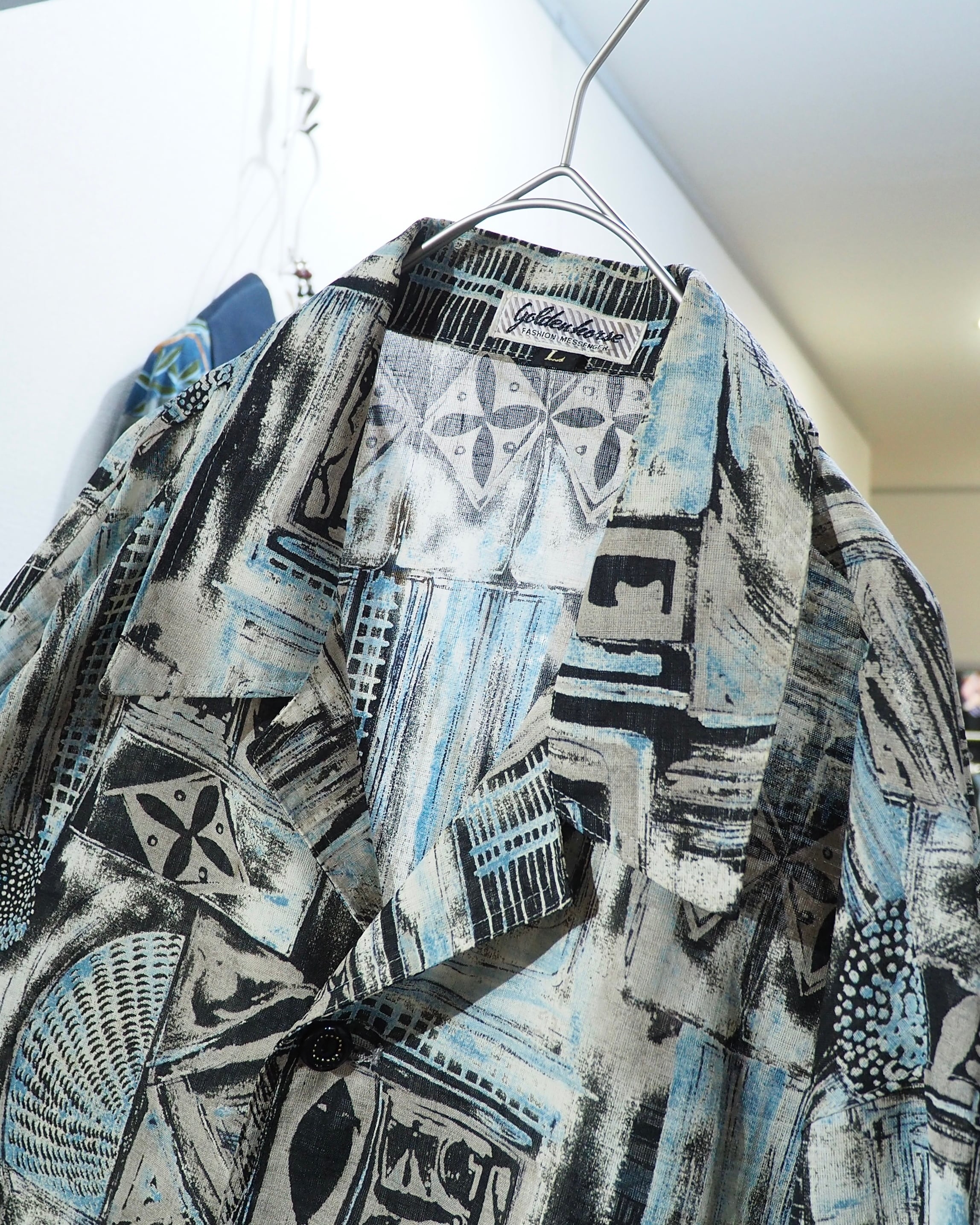 1980 - 90s Cold tone Ink painting vintage loose SS Open collar Shirt
