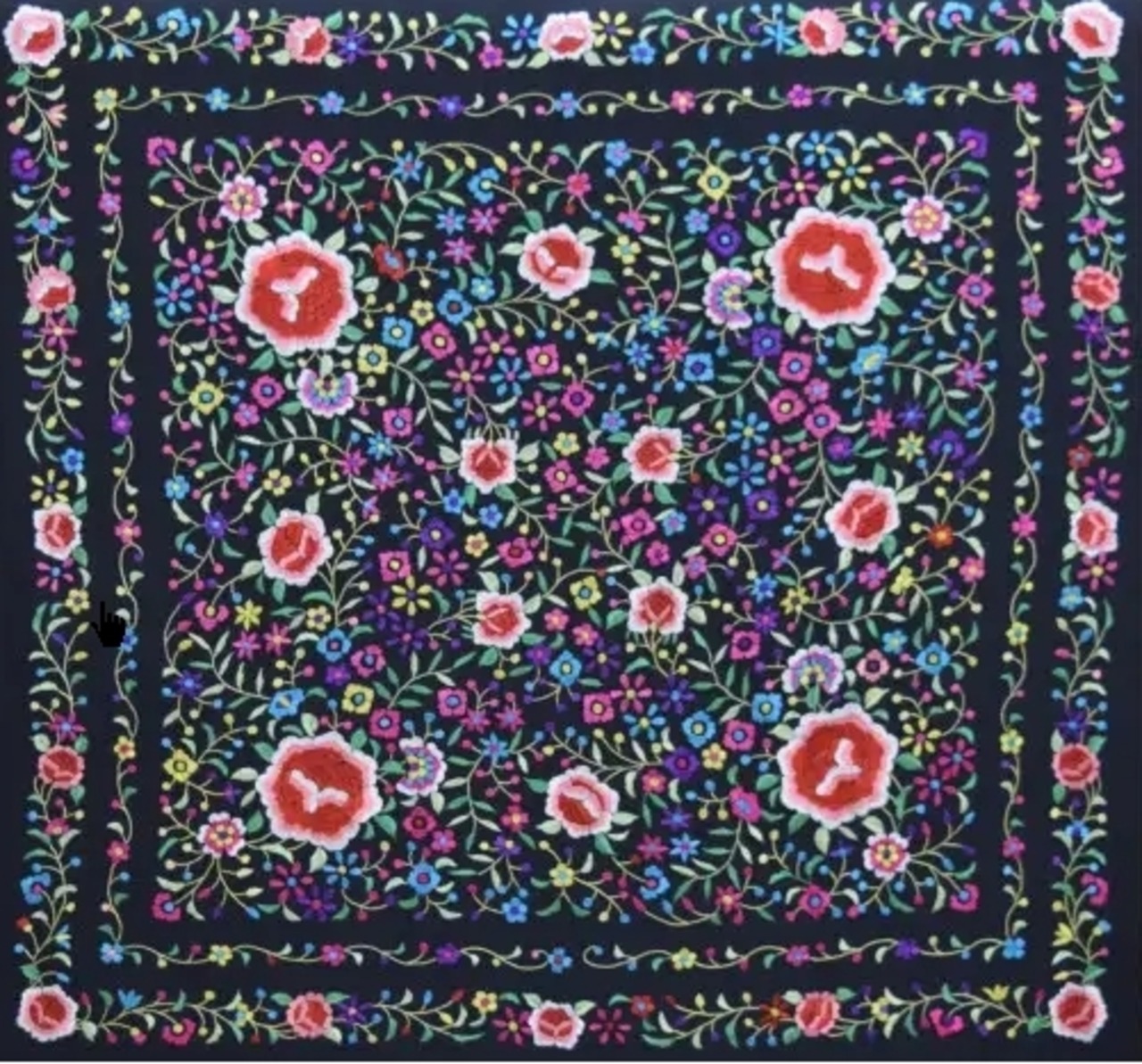 Sale】超大判マントンフラメンコ 黒x多色 シルク製 手刺繍 ref 