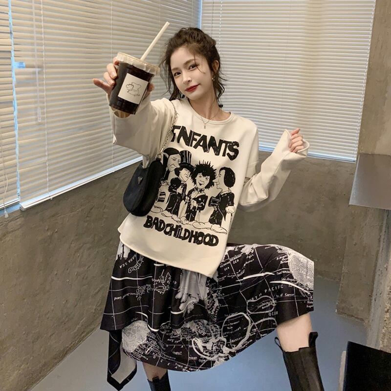 スタンダードTシャツ スプリングオータムルーズ ロング レトロ 春物 秋物 試着室58622865639