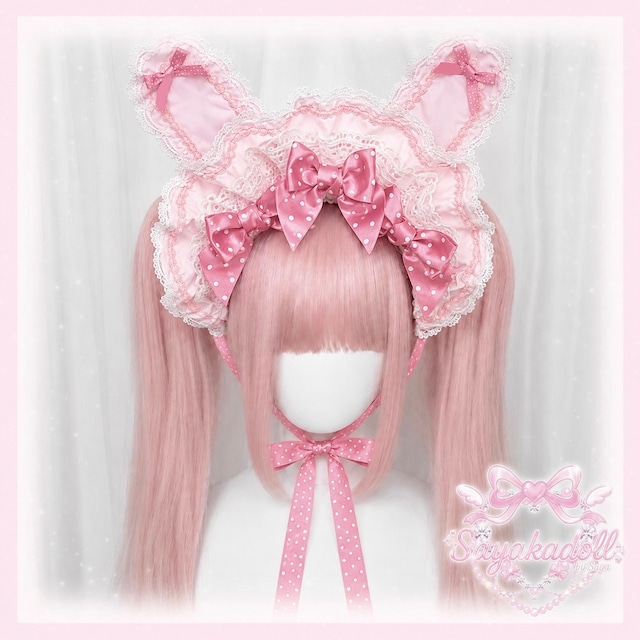 ♡【全9色】MAID うさみみフリルレースリボンハーフボンネット vivid pink ♡