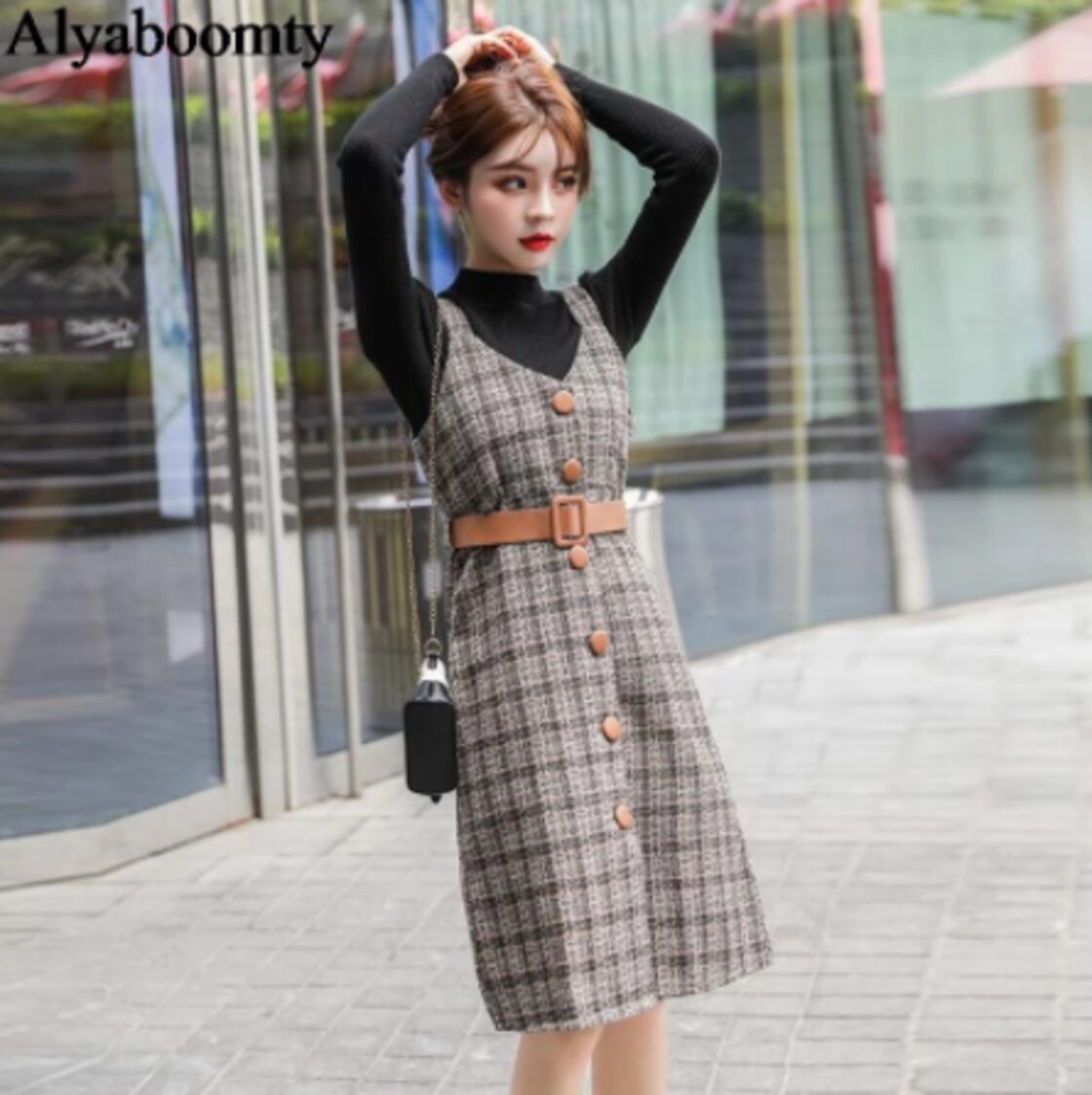 森ガール】 ワンピース 冬 レトロ ノースリーブ チェック柄 ベルト付き