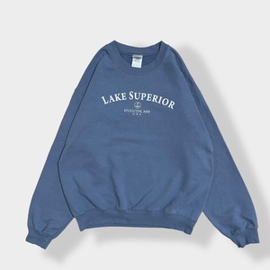 【GILDAN】 スペリオル湖 Lake Superior アーチロゴ プリント スウェットトレーナー プルオーバー くすみカラー M US古着