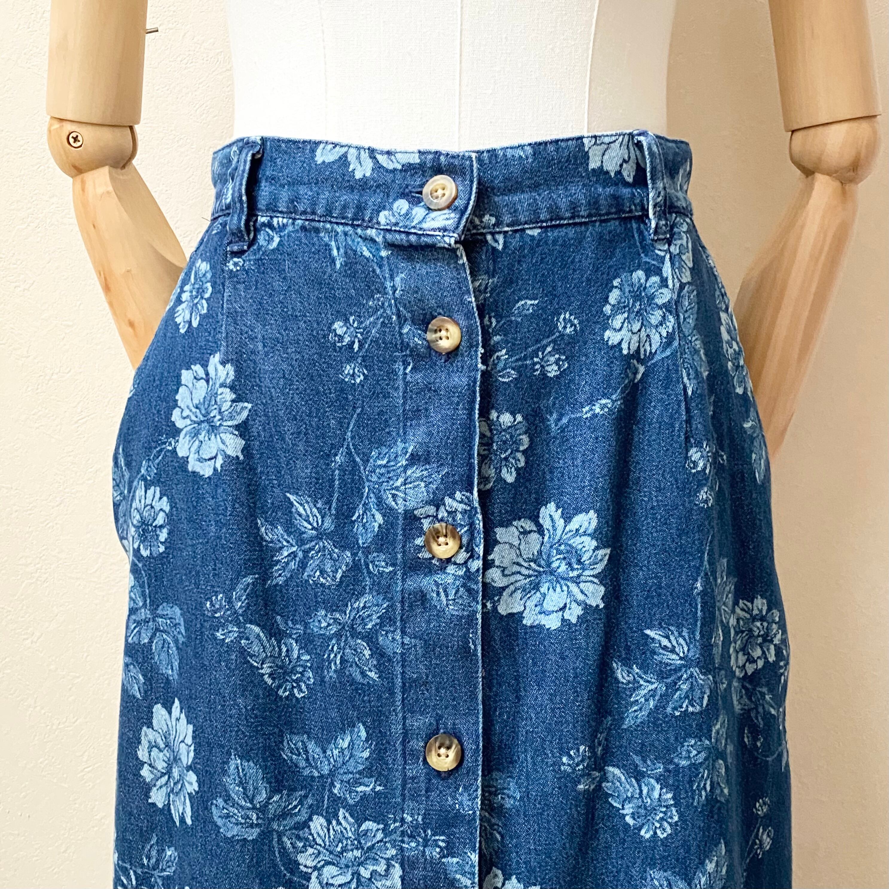 レディース Cabin Creek 前ボタン デニムロングスカート アメリカ古着 花柄 インディゴブルー コットン 日本l Roger S Ladies ロジャース レディース