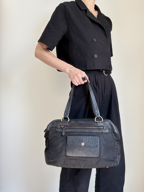 PRADA プラダ トートバッグ ブラック トライアングルロゴ フロントポケット ナイロン レザー vintage ヴィンテージ オールド 8vzd5r