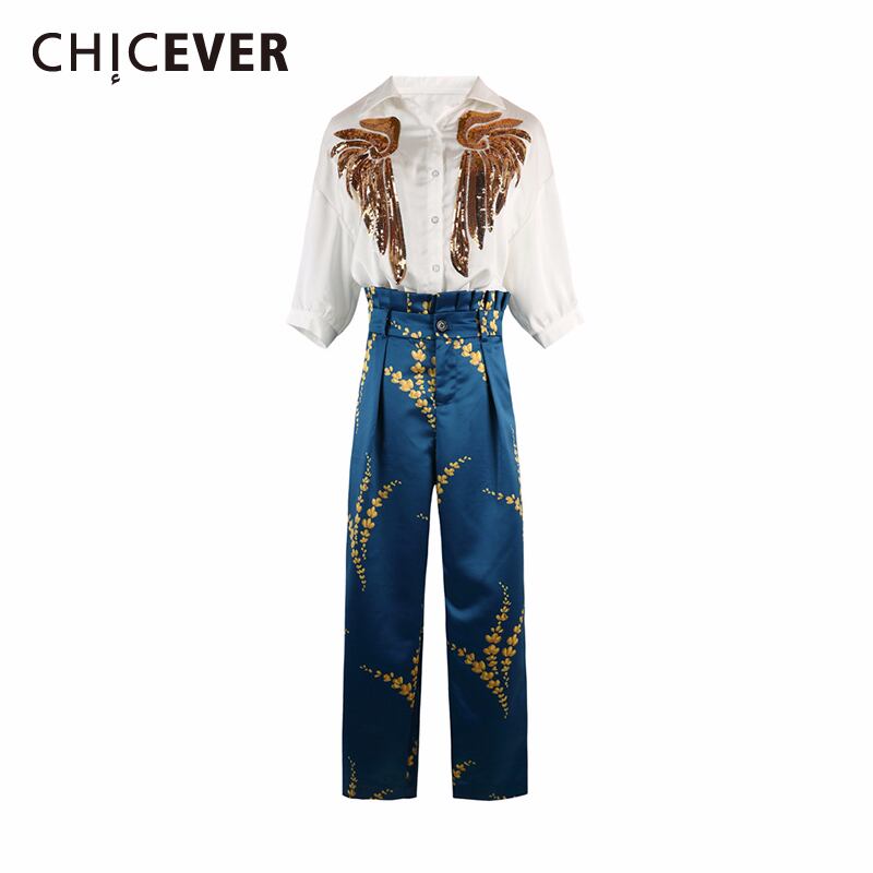 CHICEVERシフォンツーピースセットレディースラペルカラーハーフスリーブパッチワークスパンコールシャツウエストプリントパンツスーツ 半袖 6base529711329590