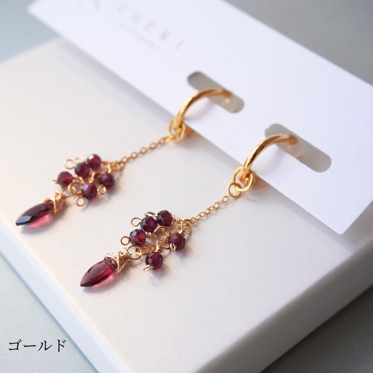 イヤリングチャーム 14KGF Silver925 ガーネット 天然石 華奢 軽量 軽い レッド 上品 大人 40代 50代 60代