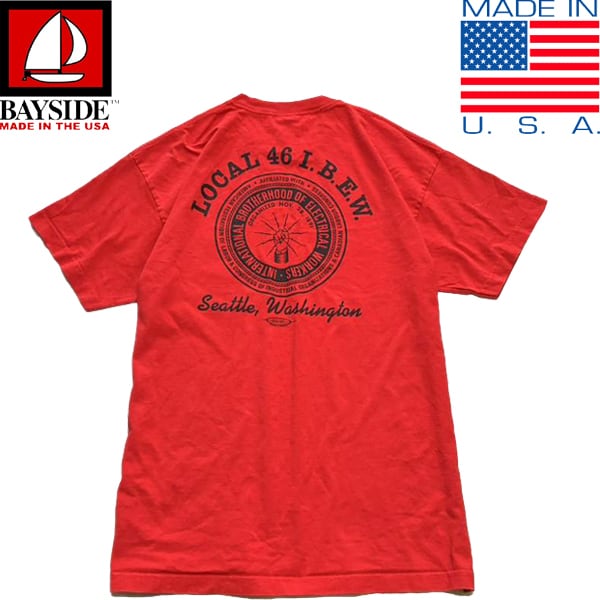 1点物◇USA製BaySideバックプリント赤ポケットTシャツ古着メンズXL