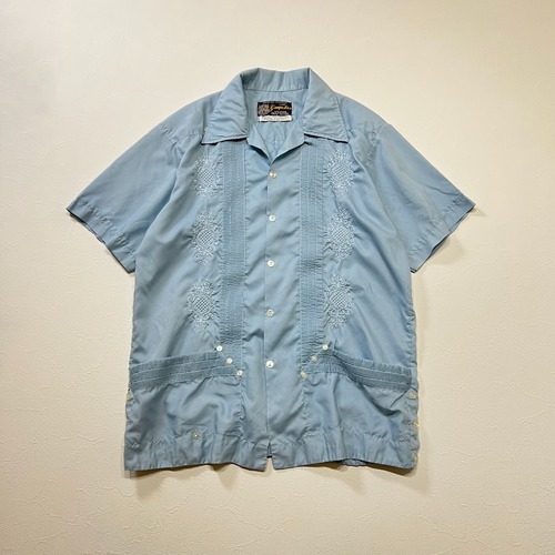 80s guaya teca　開襟　オープンカラー　襟芯　半袖シャツ　キューバシャツ　ブルーグレー　L 古着