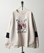 ATELANE Faux suede French bulldog embroidered crew neck with sleeve switching (IVO) 25A-24011