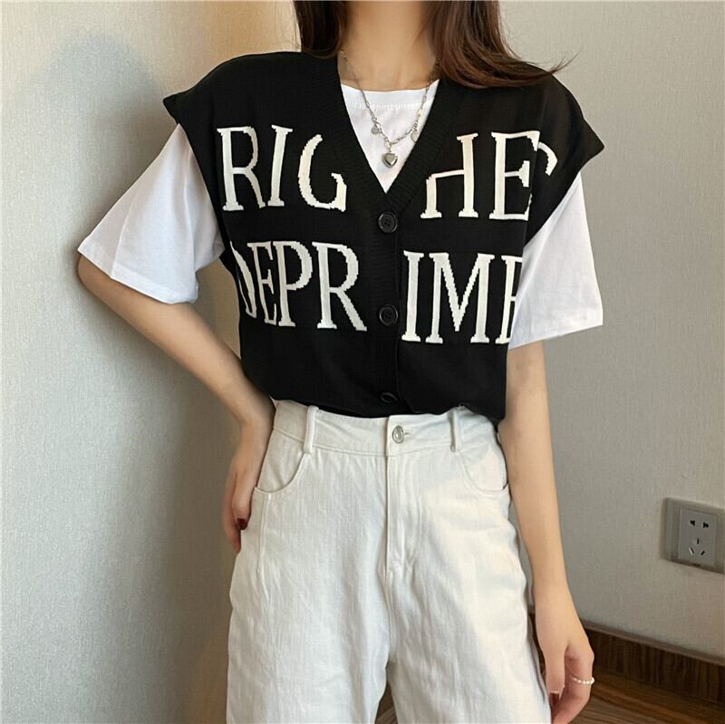 ニットサマープリントVネックカーディガンルーズノースリーブトップス 夏物 1号婦人38778921136