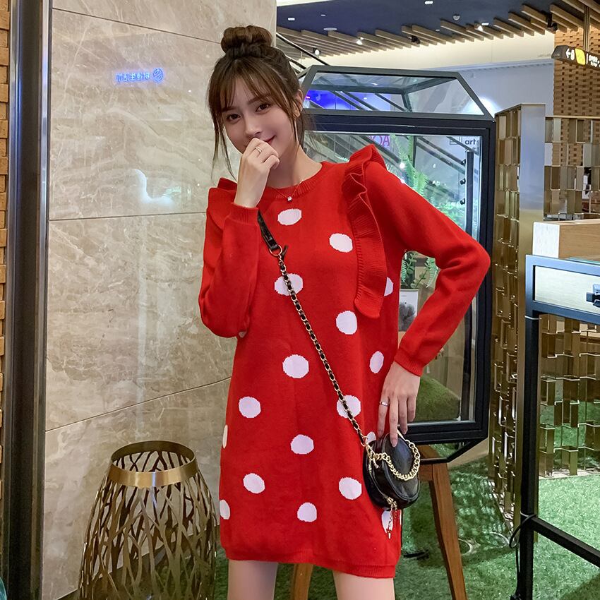 【新作】【送料無料】 マタニティウェア2020秋と冬の新しいトレンディなママニット水玉ドレス、小さな新鮮なミドル丈ドレス妊婦-アリババ オータム 秋物 ウィンター 冬物 expec296955435305