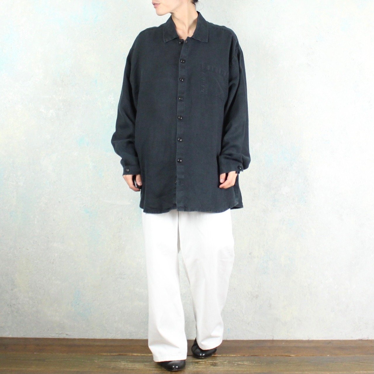 FLAX オーバーサイズ ブラック フラックス リネン デザイン シャツ 