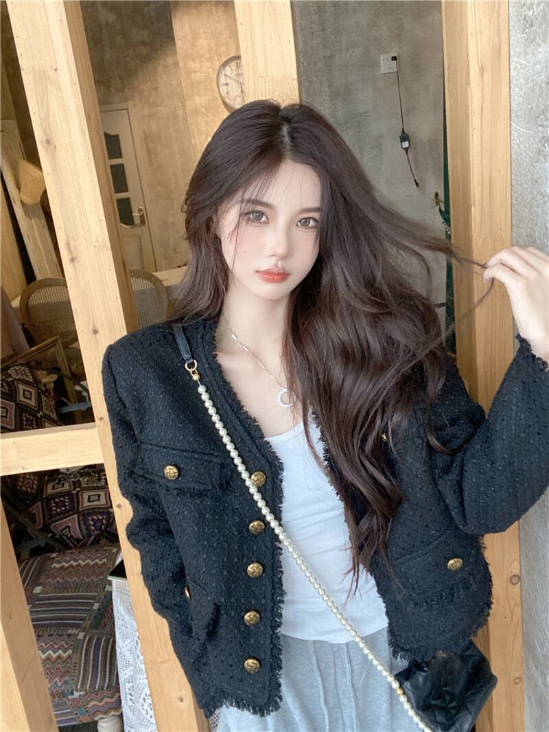 ツィードカーディガンジャケット ルーズブラックショートトップス ブラックストロベリース73475458409