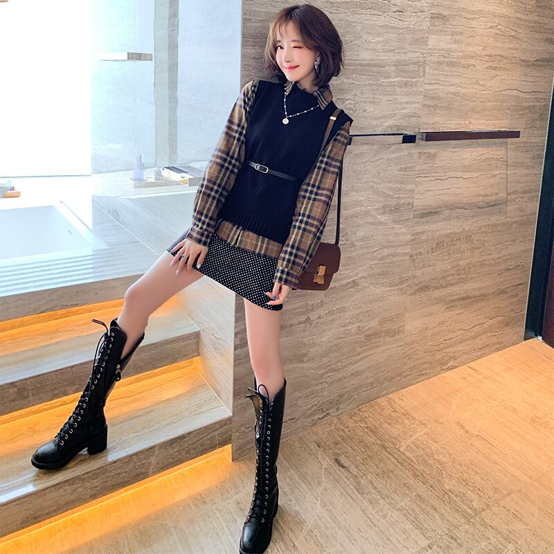 格子柄シャツ ウェストベルト ニットAラインスカート オータムウィンター 秋物 冬物 ハーネス MIUCO10719279835