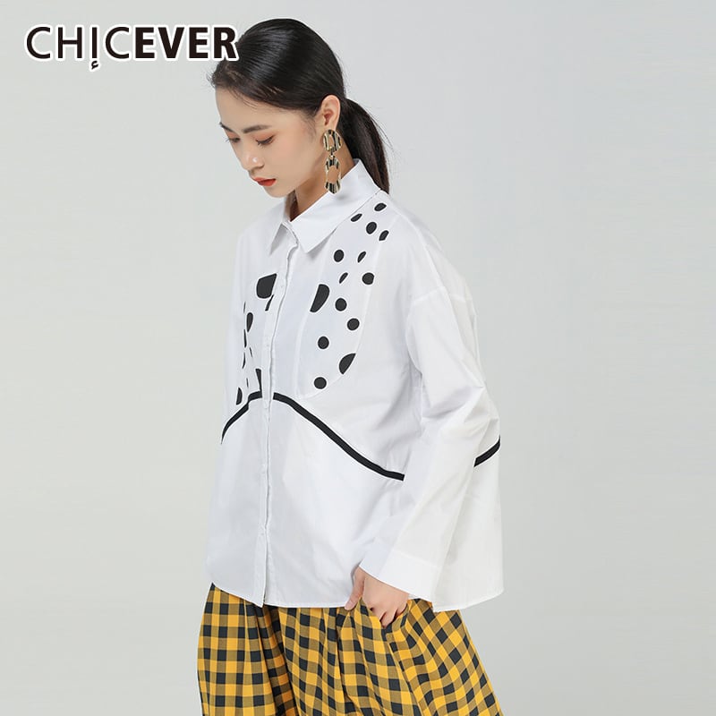 CHICEVERウーブンシャツレディースラペル長袖水玉ヒットカラー特大ルーズブラウス2021秋 ロング オータム 秋物 6base514397504081