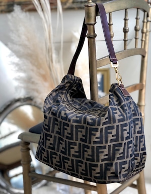 FENDI フェンディ　ズッカ　ジャガード×レザー　バニティバッグ　ハンドバッグ　ブラウン×ブラック　vintage　ヴィンテージ　オールド　nctseg