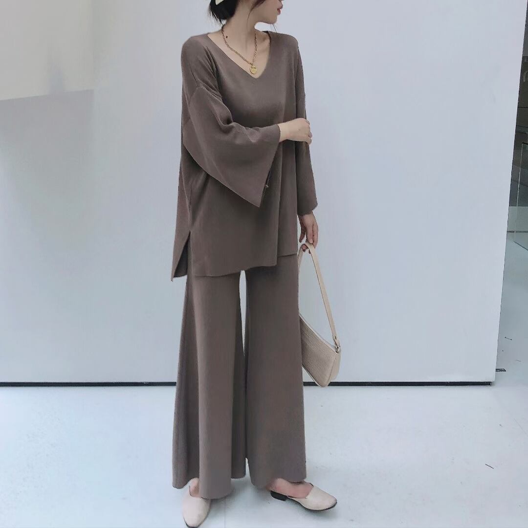 ベルト付き　ニットフレアワイドパンツセットアップ　AJ1050-D003