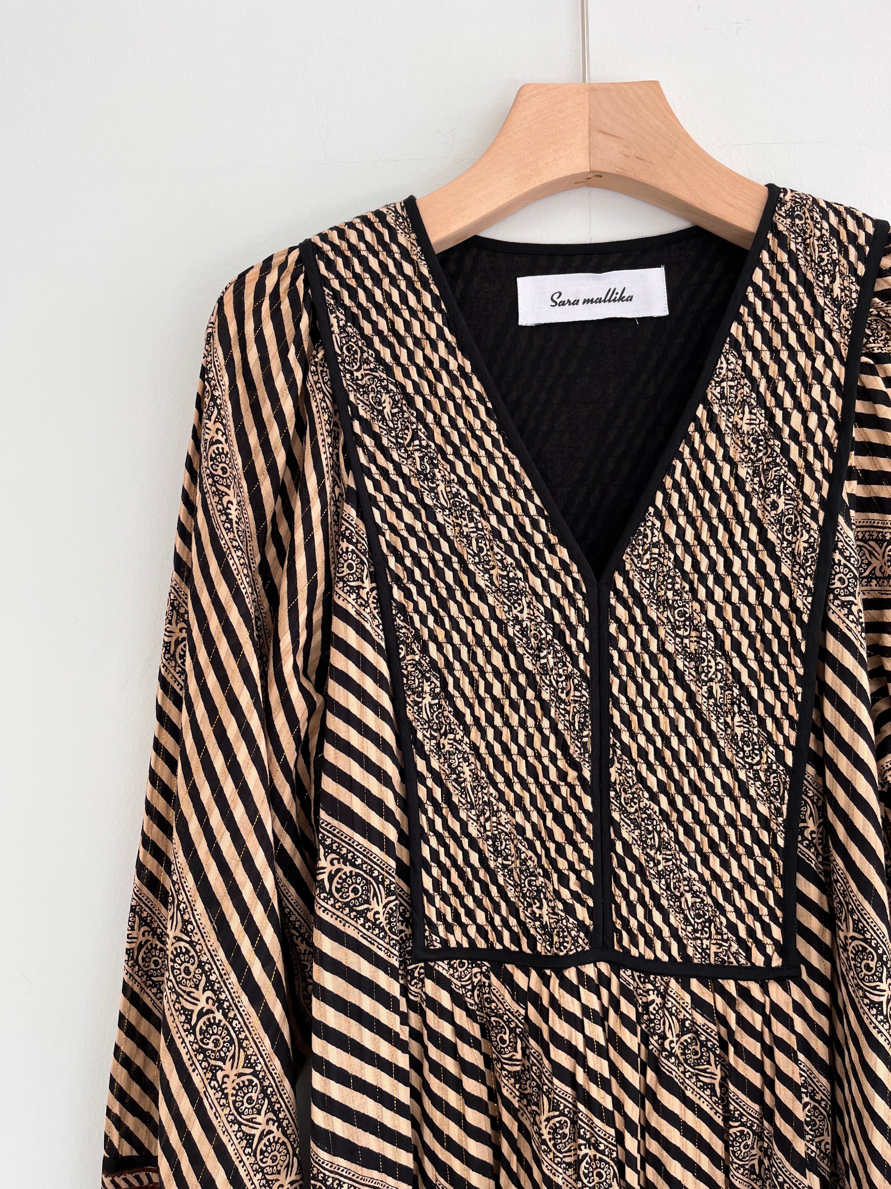 Sara Mallika Cotton Stripe Ethnic Print Tassel Dress | KOKO