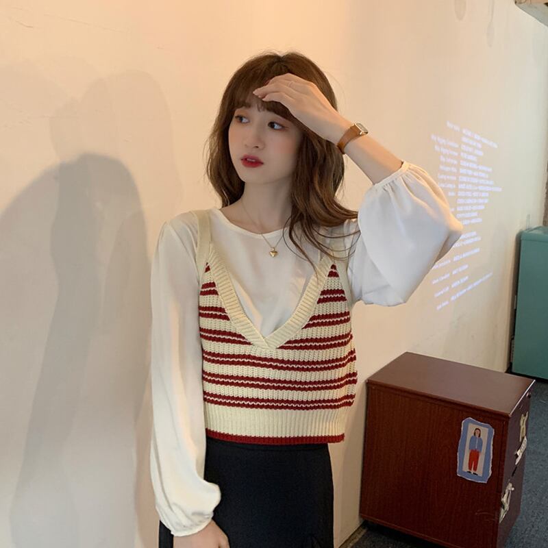 スプリングオータムノースリーブストライプニットレッドルーズショートトップス 春物 秋物 スーパーモール98227009780